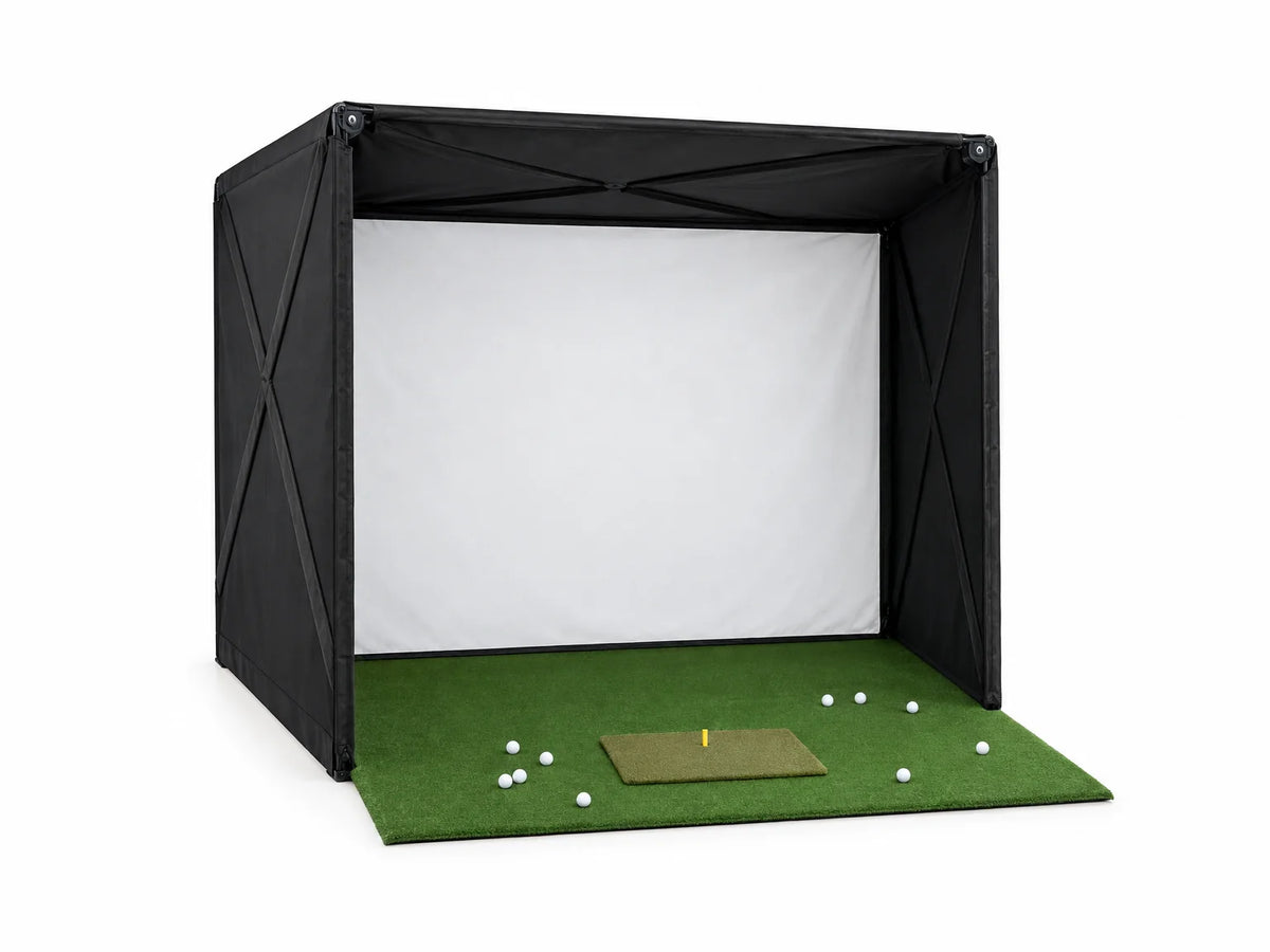 Golf Simulator Enclosure Built for Home Practice, 8x8ft Setup, Tool-Free Assembly, HD Impact Screen — Studio Shot
