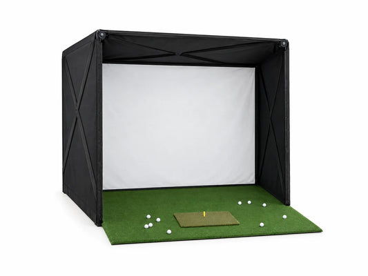 Golf Simulator Enclosure Built for Home Practice, 8x8ft Setup, Tool-Free Assembly, HD Impact Screen — Studio Shot