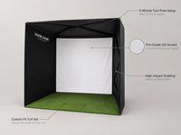 Golf Simulator Enclosure Built for Home Practice, 8x8ft Setup, Tool-Free Assembly, HD Impact Screen — Feature Infographic