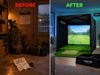 Golf Simulator Enclosure for Home Instant Quick and Easy Tool-Free Setup in 5 Mins Golf Hittig Cage - Complete Set with Heavy Duty Frame,Hd Impact Screen and Putting Green Turf (8X8 Ft) — Before & After