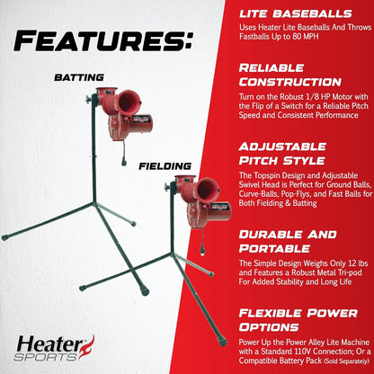 Sports Power Alley Lite 360 Baseball Pitching Machine - Pitches Lite Balls 40-80 MPH Fastballs, Sliders, & Curves | Accurate, Durable, & Portable Training Tool for Batting & Field Practice