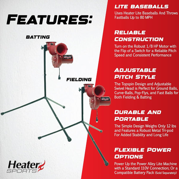 Sports Power Alley Lite 360 Baseball Pitching Machine - Pitches Lite Balls 40-80 MPH Fastballs, Sliders, & Curves | Accurate, Durable, & Portable Training Tool for Batting & Field Practice