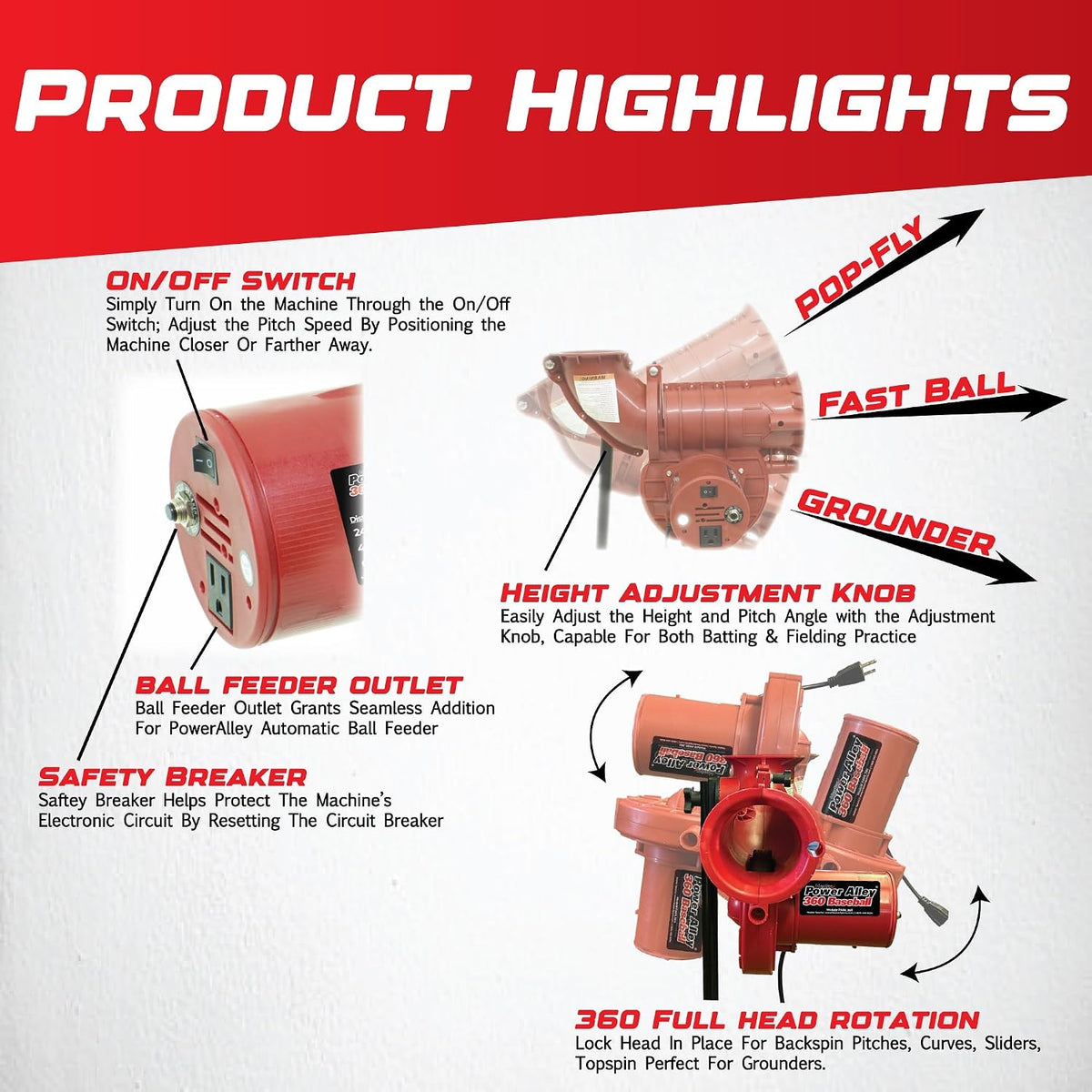 Sports Power Alley Lite 360 Baseball Pitching Machine - Pitches Lite Balls 40-80 MPH Fastballs, Sliders, & Curves | Accurate, Durable, & Portable Training Tool for Batting & Field Practice