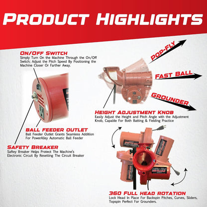 Sports Power Alley Lite 360 Baseball Pitching Machine - Pitches Lite Balls 40-80 MPH Fastballs, Sliders, & Curves | Accurate, Durable, & Portable Training Tool for Batting & Field Practice