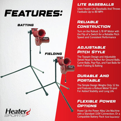 Sports Power Alley Lite 360 Baseball Pitching Machine - Pitches Lite Balls 40-80 MPH Fastballs, Sliders, & Curves | Accurate, Durable, & Portable Training Tool for Batting & Field Practice