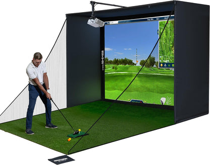 Complete Golf Simulator Enclosure Package – 4K-Ready Impact Screen with Blackout Cage, Projector Mount, Frame Poles, Side Shank Nets | Indoor & Garage Practice | Easy Setup | 12-Month Warranty