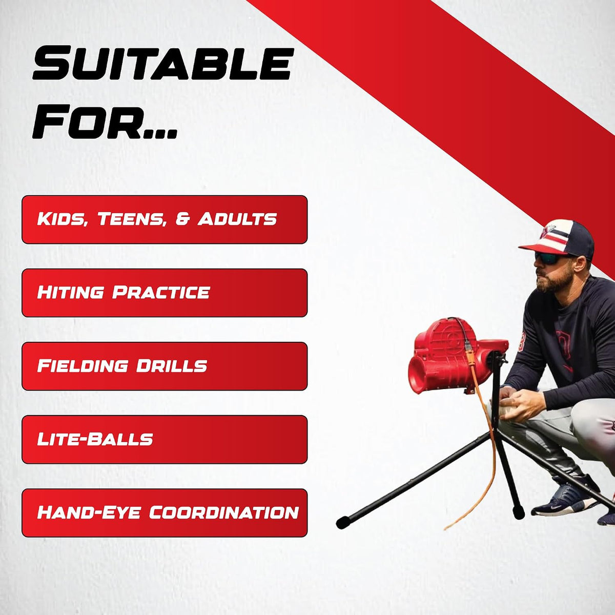 Sports Power Alley Lite 360 Baseball Pitching Machine - Pitches Lite Balls 40-80 MPH Fastballs, Sliders, & Curves | Accurate, Durable, & Portable Training Tool for Batting & Field Practice